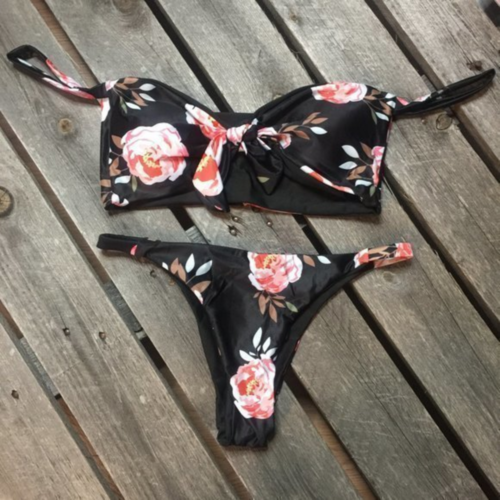 Bandeau Cheeky Floral Rose‎ Bikini Swimsuit